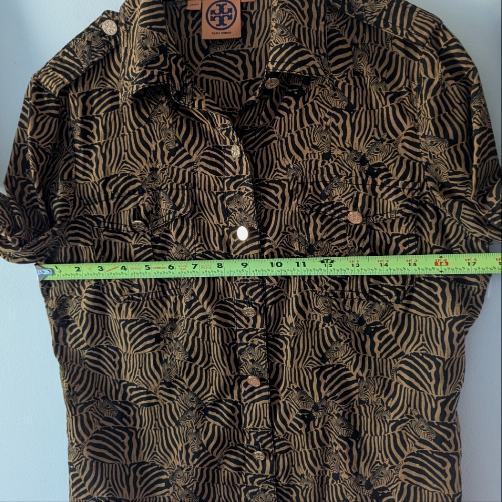 TORY BURCH Brown Gold Buttons Animal Print Zebra Button Down Shirt Size 4 - Picture 6 of 11